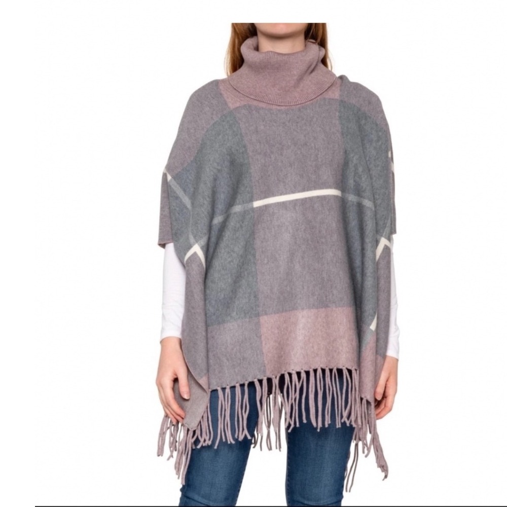 House of Harlow 1960 Poncho Womens OS Mauve Plaid Turtleneck Fringe‎ Knit Cape